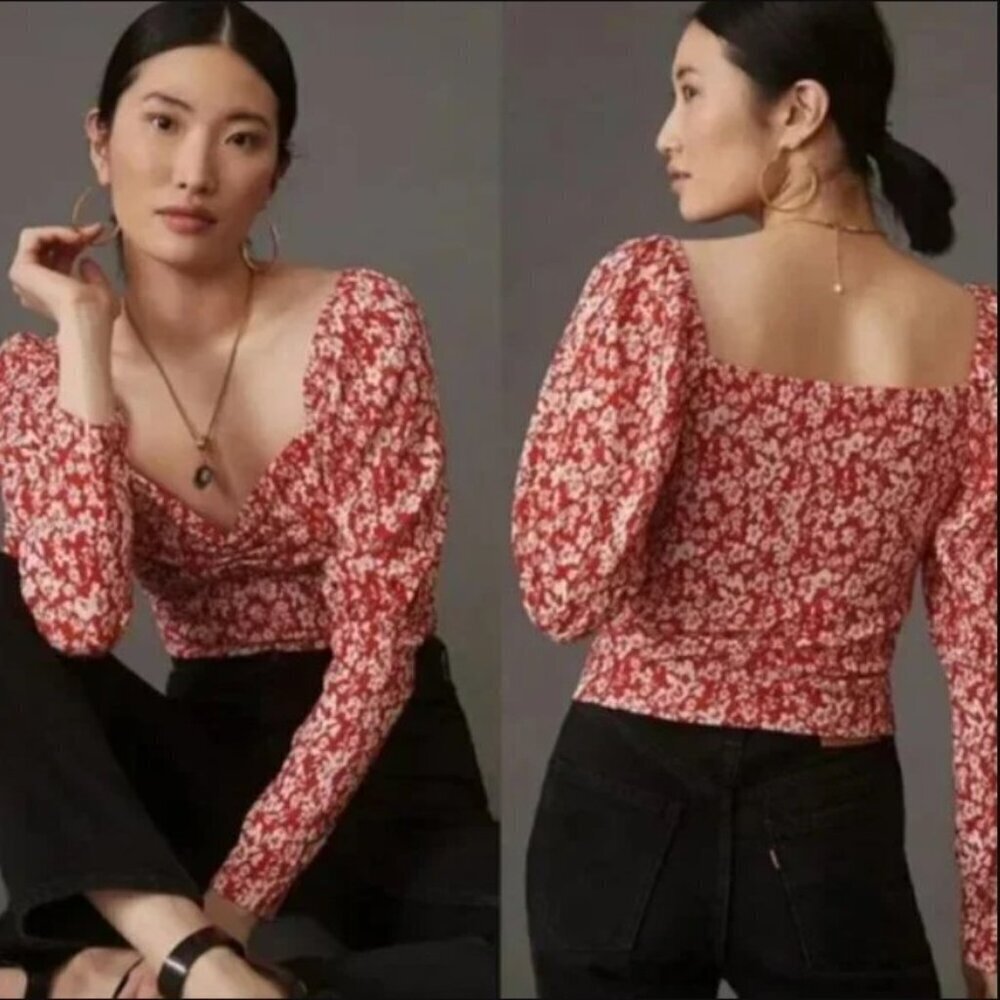 Anthropologie Floral Red Smocked Long Sleeve Blouse